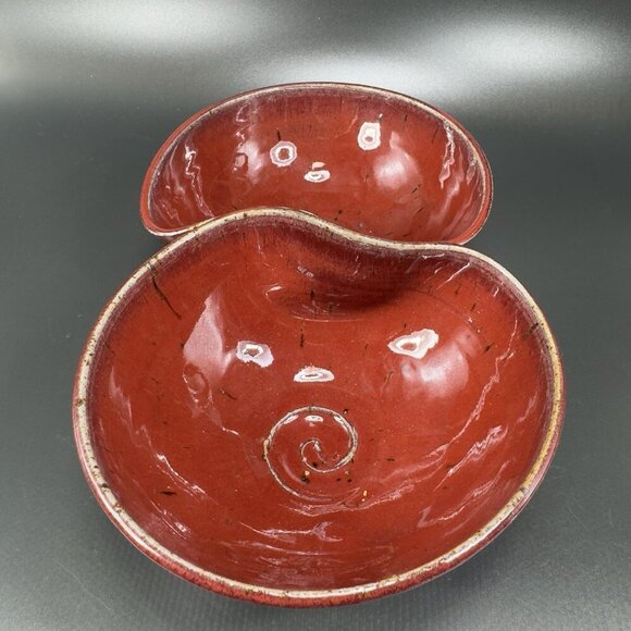 Vintage Hand Made Studio Art Pottery Divided Dish Double Salsa Bowl Chip N Dip - Picture 7 of 16